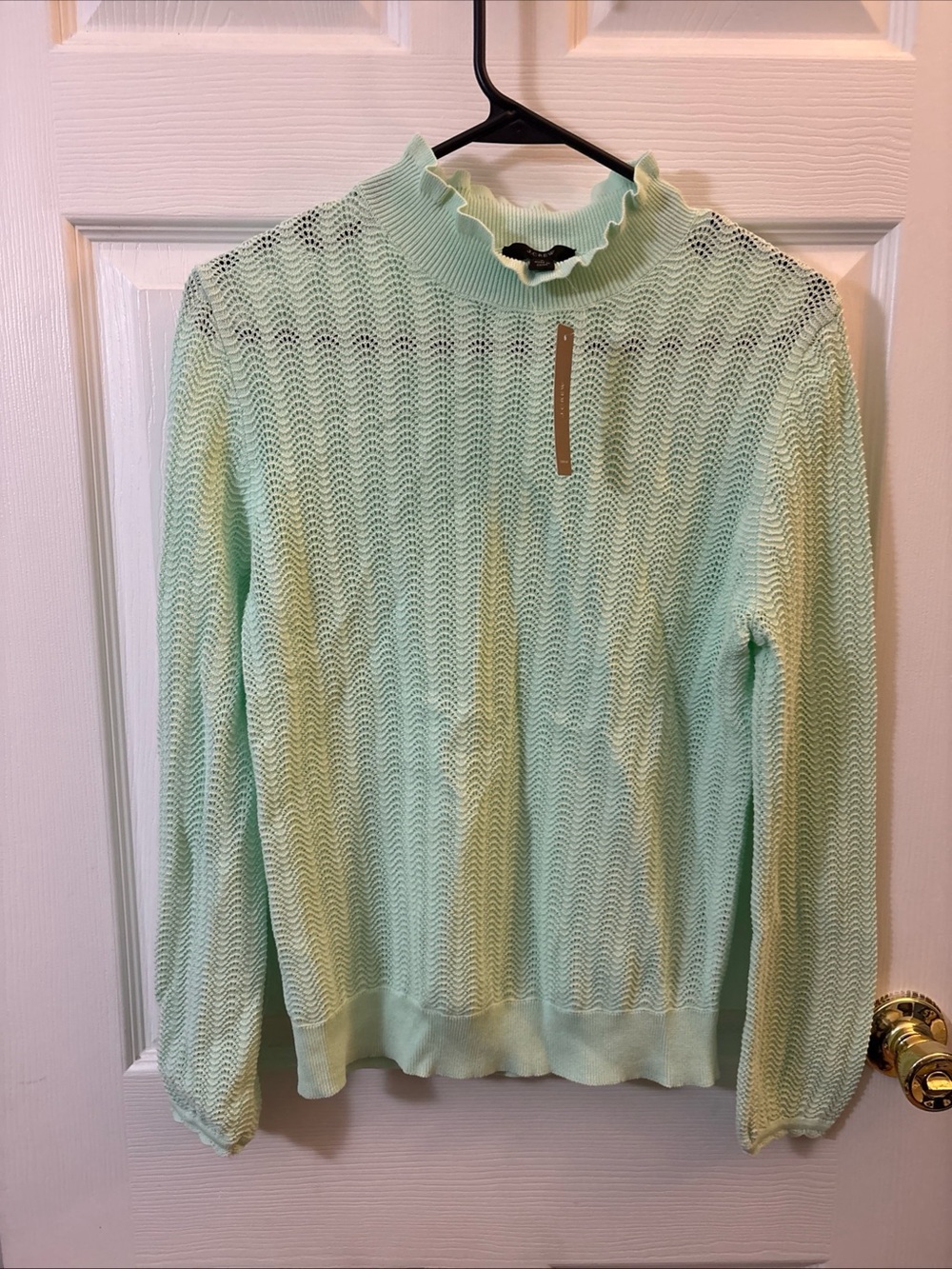 J. Crew Mint Scallop Mock Neck Open-Knit Sweater